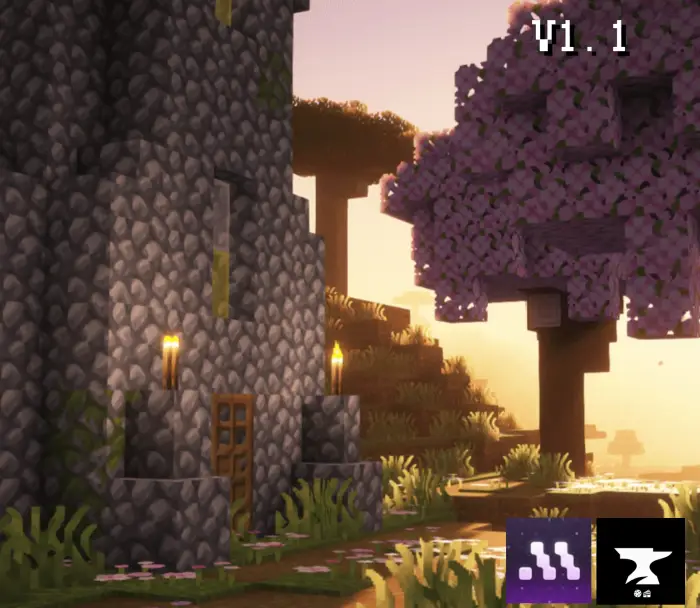 Stone house and pink tree at sunset, v1.1