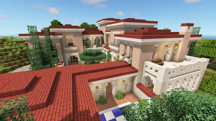 Luxury villa with red roofs and courtyard