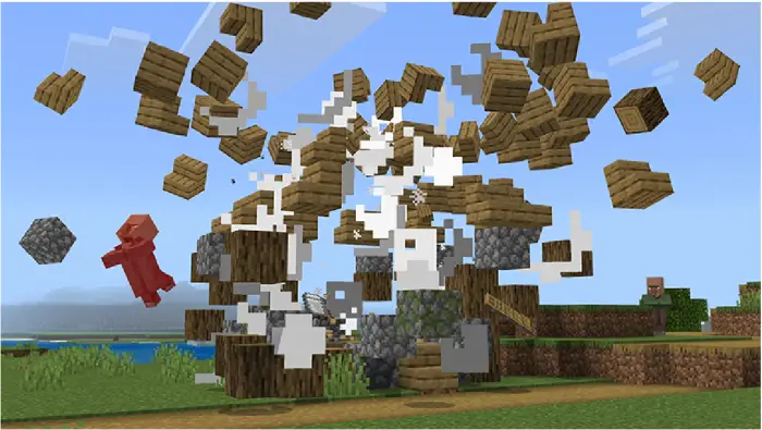 Blocks and debris explode mid-air realistically.