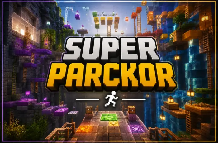 Colorful parkour map with obstacles and signs