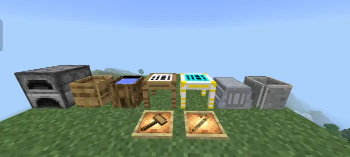 Custom crafting tables and machines on grass