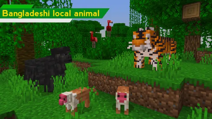 Blocky tiger, monkeys, and birds in a jungle