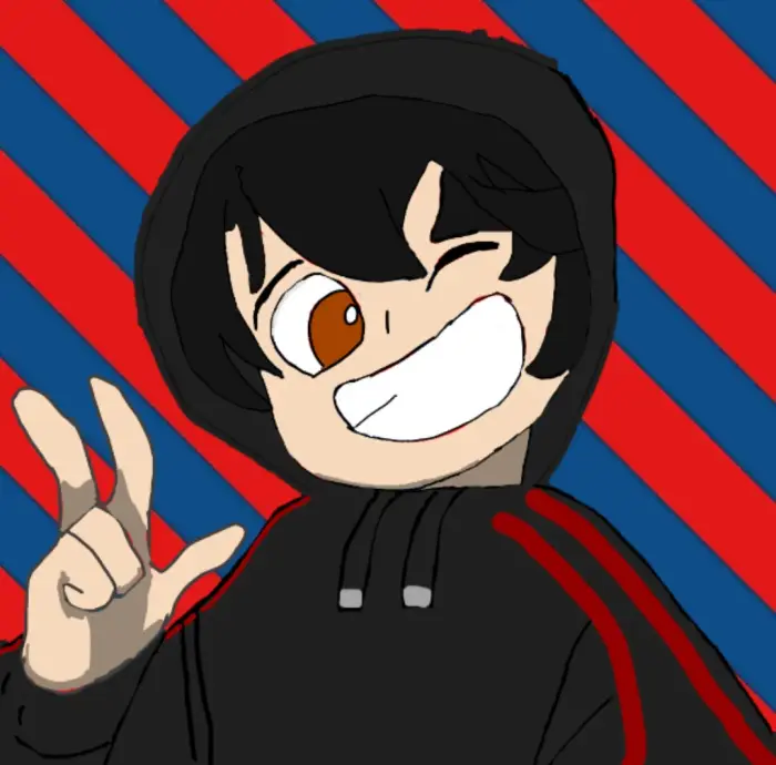 Cartoon boy in black hoodie winking and smiling.