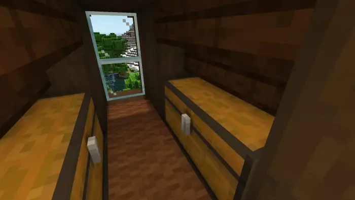 Two storage chests in a cozy wooden hallway