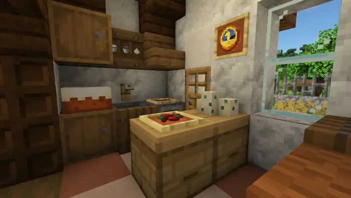 Cozy kitchen inside a blocky elven house