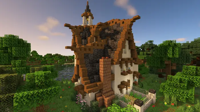Elven house with garden by a forest lake