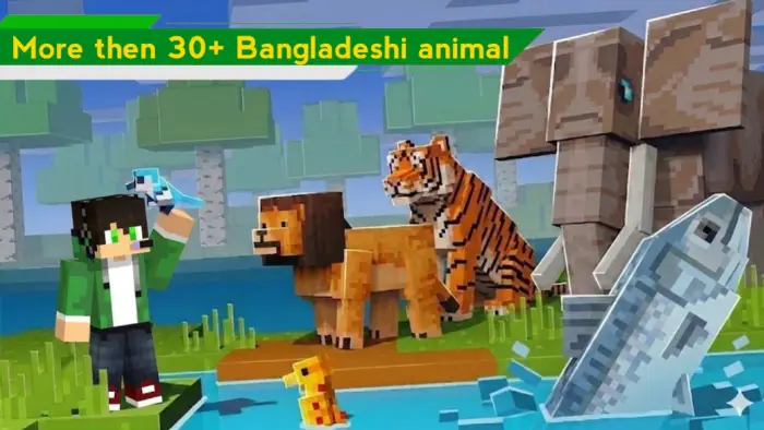 Blocky animals tiger, elephant, lion, fish