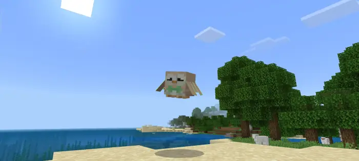 ALT Rowlet flying over a beach and trees