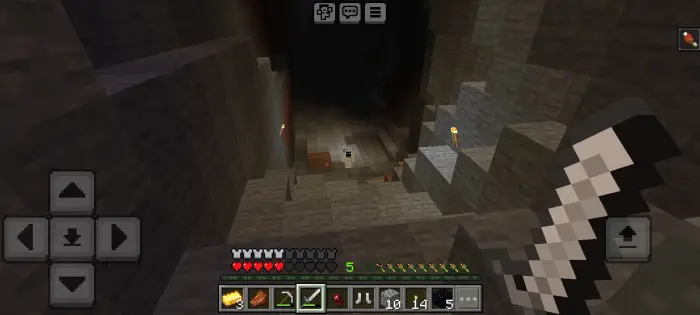 Player explores a dark cave with torches.