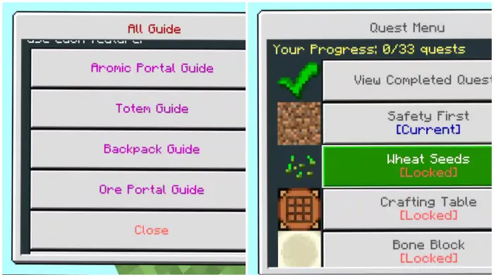 Left In-game mod guide menu Right Quest progress and locked tasks