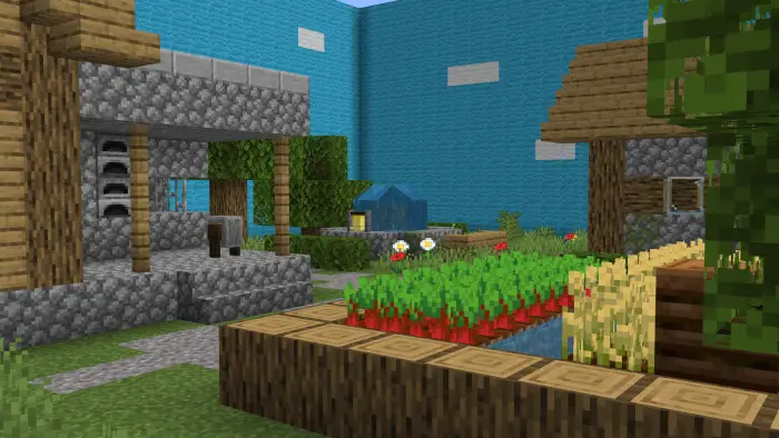 Village scene with crops and blue walls
