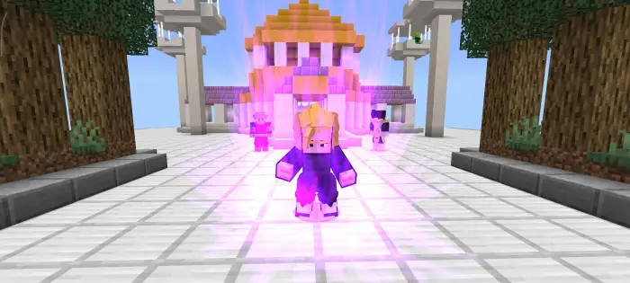 Character glowing with aura in temple courtyard