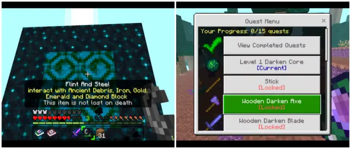 Left image ALT Ancient debris portal with item tooltip Right image ALT Quest menu showing locked items