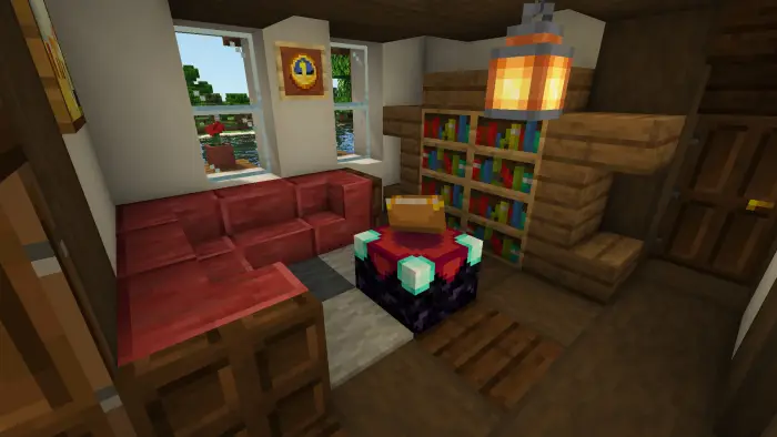 Cozy elven house interior with bookshelves