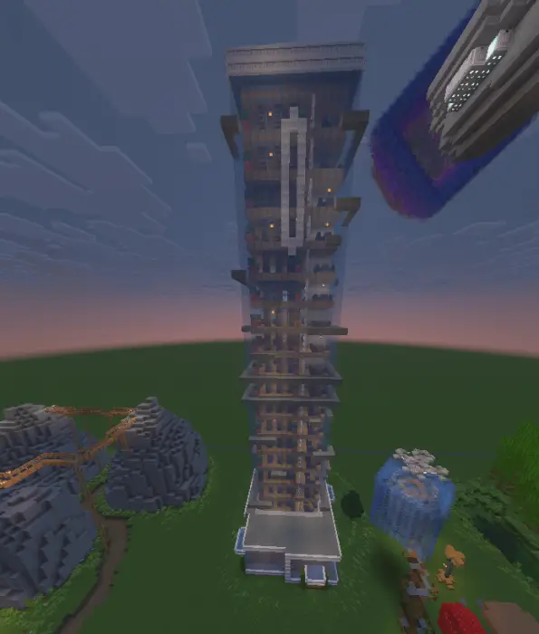 Tall futuristic tower with floating ship above.