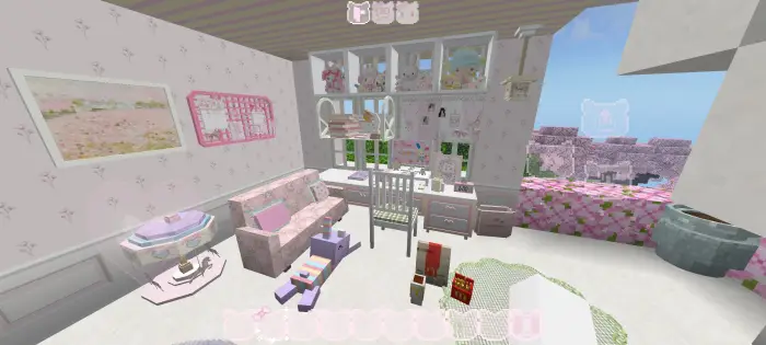 Pastel bunny-themed dollhouse living room