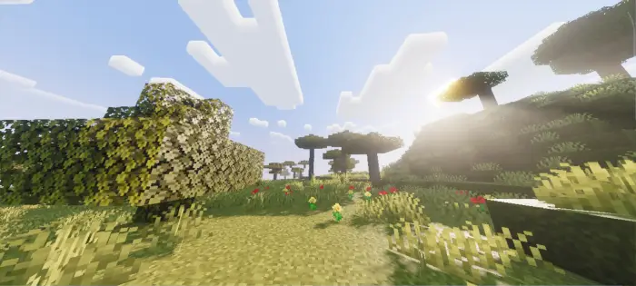 Sunlit blocky savanna with realistic lighting