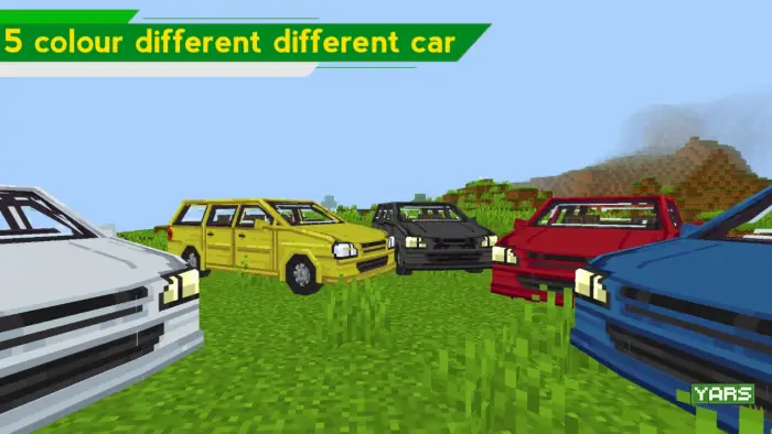 Five blocky cars in different colors on grass