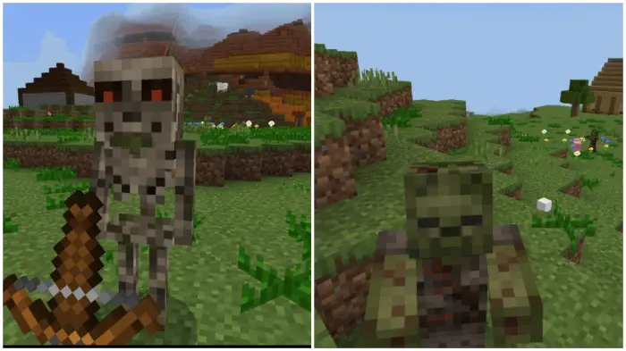 Left Skeleton warrior with red eyes outdoors Right Zombie creature on grassy terrain