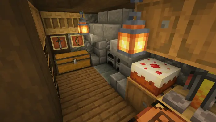 Cozy cottage interior with tools and food