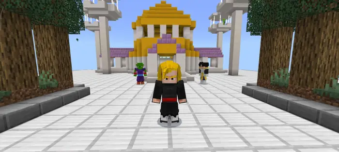 Blocky heroes stand before a golden temple