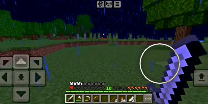 Low health, sword ready in a rainy forest