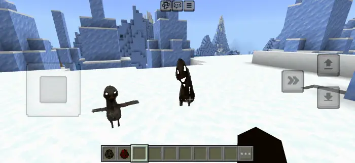 Creepy dark duck creatures on snowy terrain