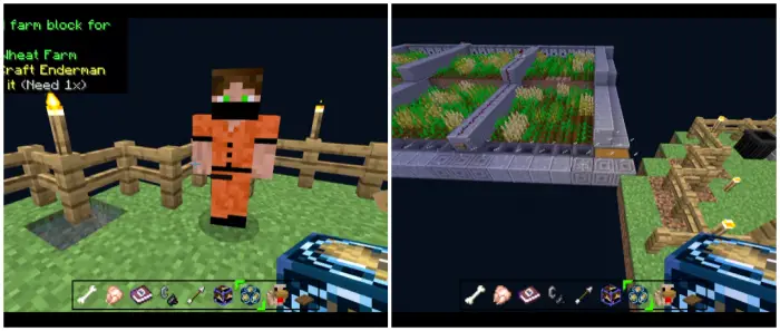 Left Player near fenced island edge Right Floating farms with crops and fences
