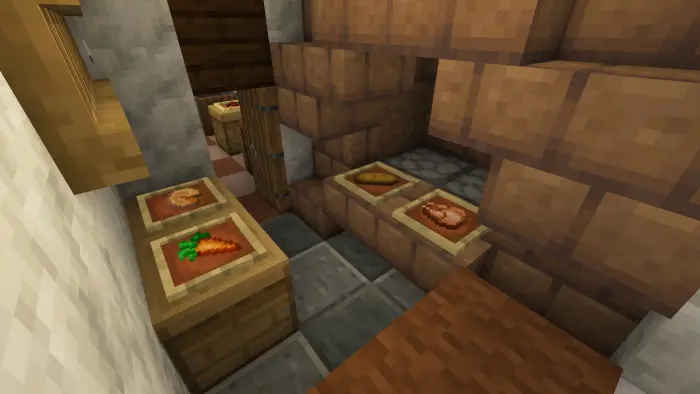 Wooden kitchen area with food on display.