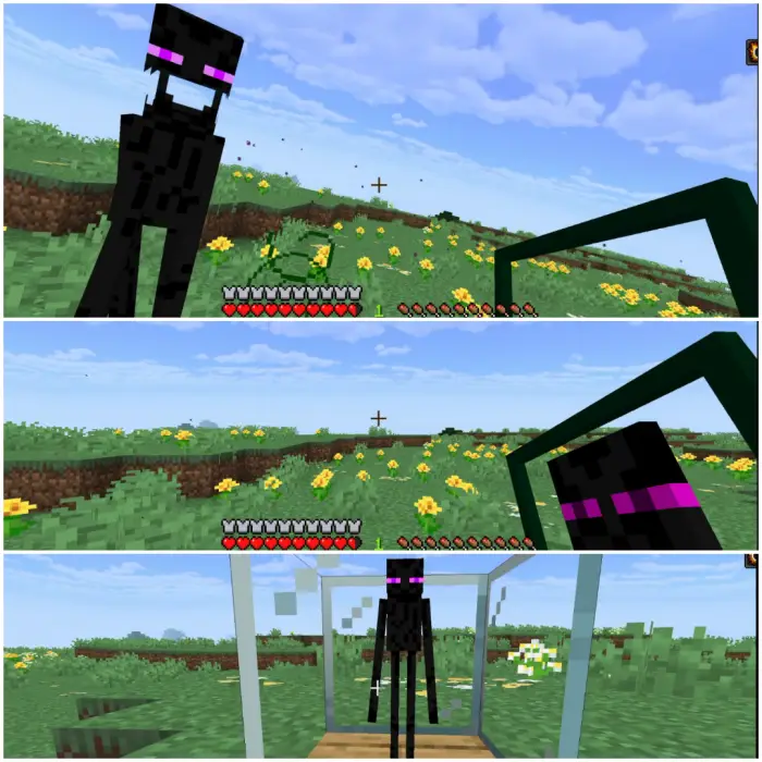 1. Enderman approaches in a flower field 2. Capturing Enderman with special tool 3. Enderman enclosed in glass box