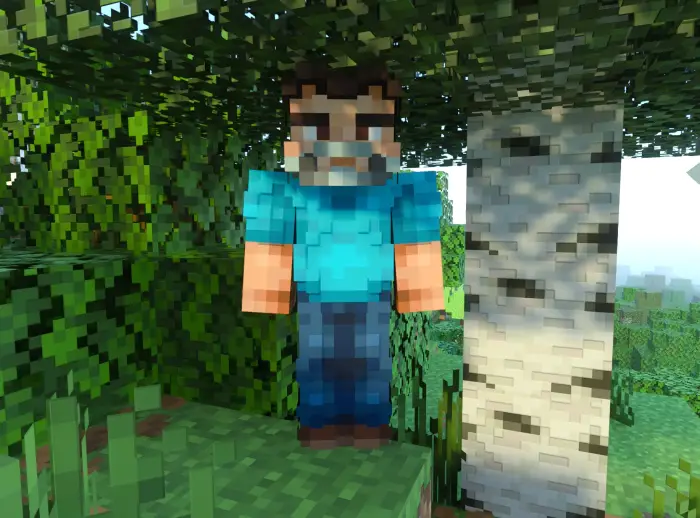 Blocky movie-style Steve under a tree