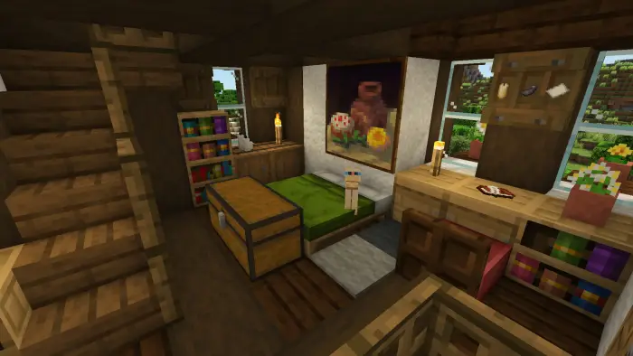 Cozy medieval cottage bedroom with decor