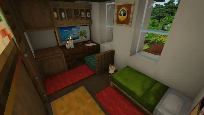 Cozy elven house bedroom with desk and bed