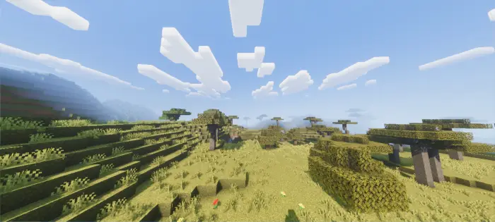 Sunlit savanna with realistic shadows and clouds