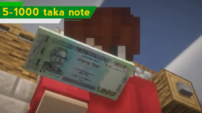 ALT Pixel character holding Taka banknote