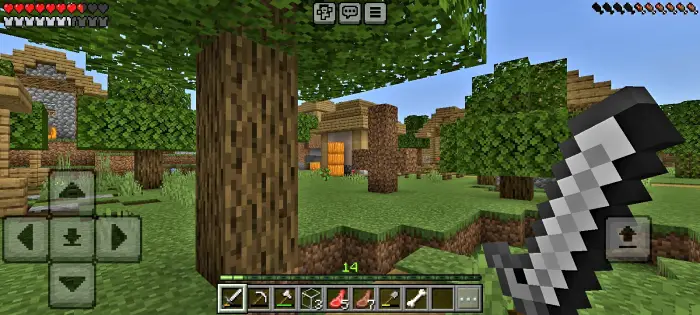 First-person view exploring a village with sword