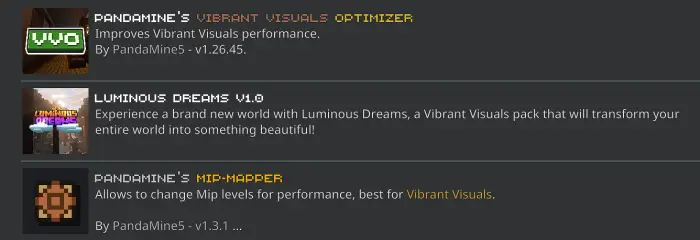 1. Green VVO logo for visuals optimizer 2. Luminous Dreams pack with bright visuals 3. Brown gear icon for mip-map levels
