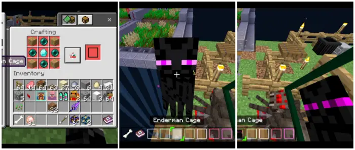 1. Crafting a monster cage in inventory 2. Enderman in a cage on a floating island 3. Enderman and spider near fenced area