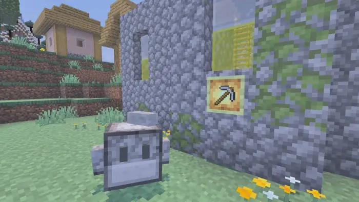 Blocky stone pet near cobblestone house