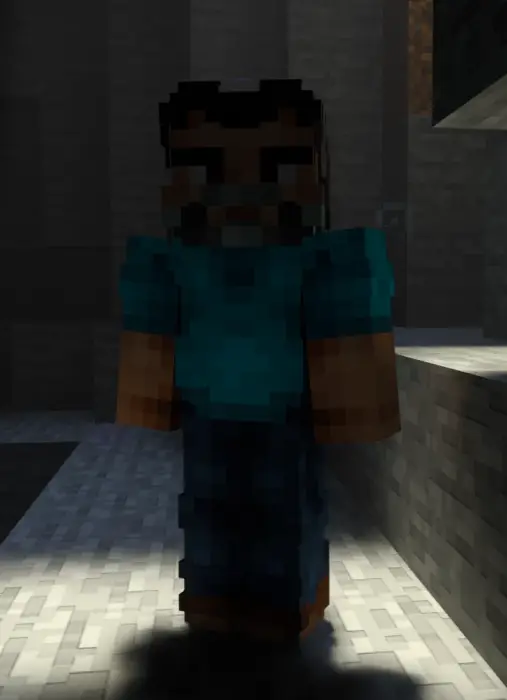 Blocky character with blue shirt in a cave