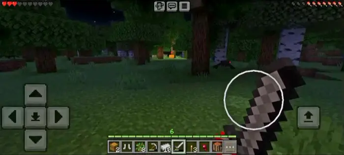 First-person night forest view with sword drawn
