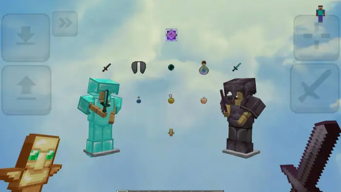 Two armored figures with PvP items displayed
