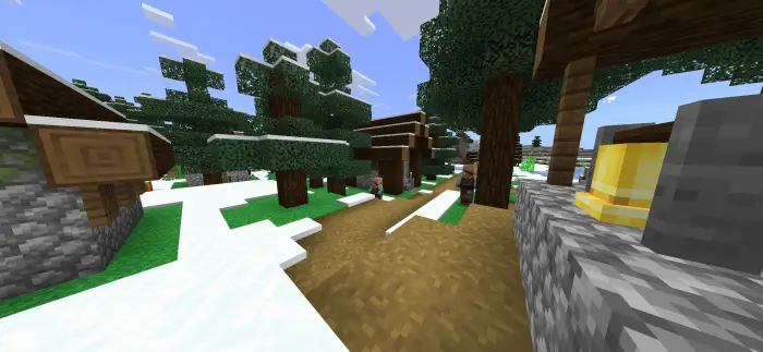Snowy village path with bright, vivid colors