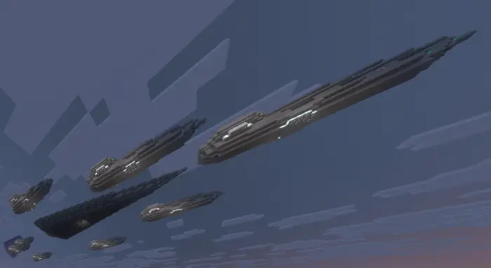 Futuristic airships float above the clouds.