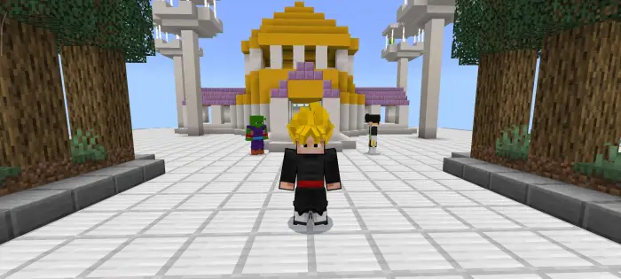 Anime-inspired characters at a temple entrance