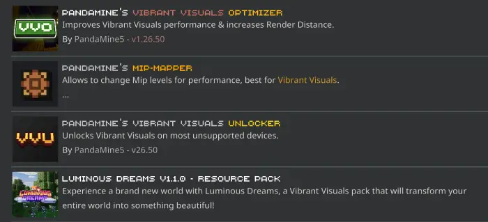 1. Vibrant Visuals Optimizer texture pack list 2. Mip-mapper tool for visual performance 3. Unlocker for unsupported visual d