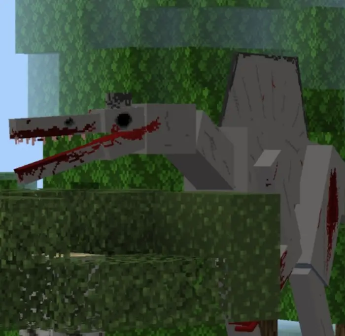 Blocky prehistoric creature with bloody jaws