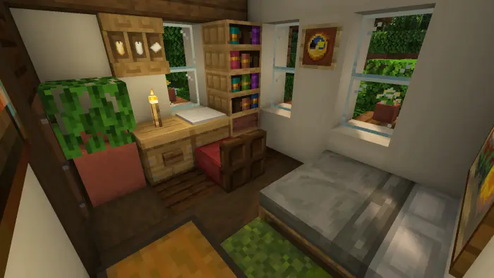 Cozy bedroom with desk, bed, and windows