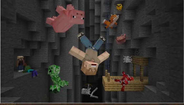 Entities and blocks falling in a cave