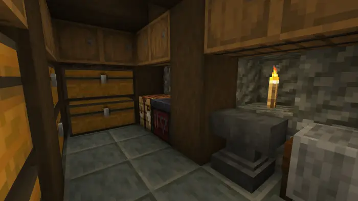 Cozy medieval cottage storage and workspace